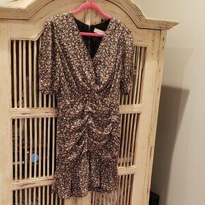 ASTR Black  Short Sleeve Ruched Drop Waist Mini Dress with Floral Print Large